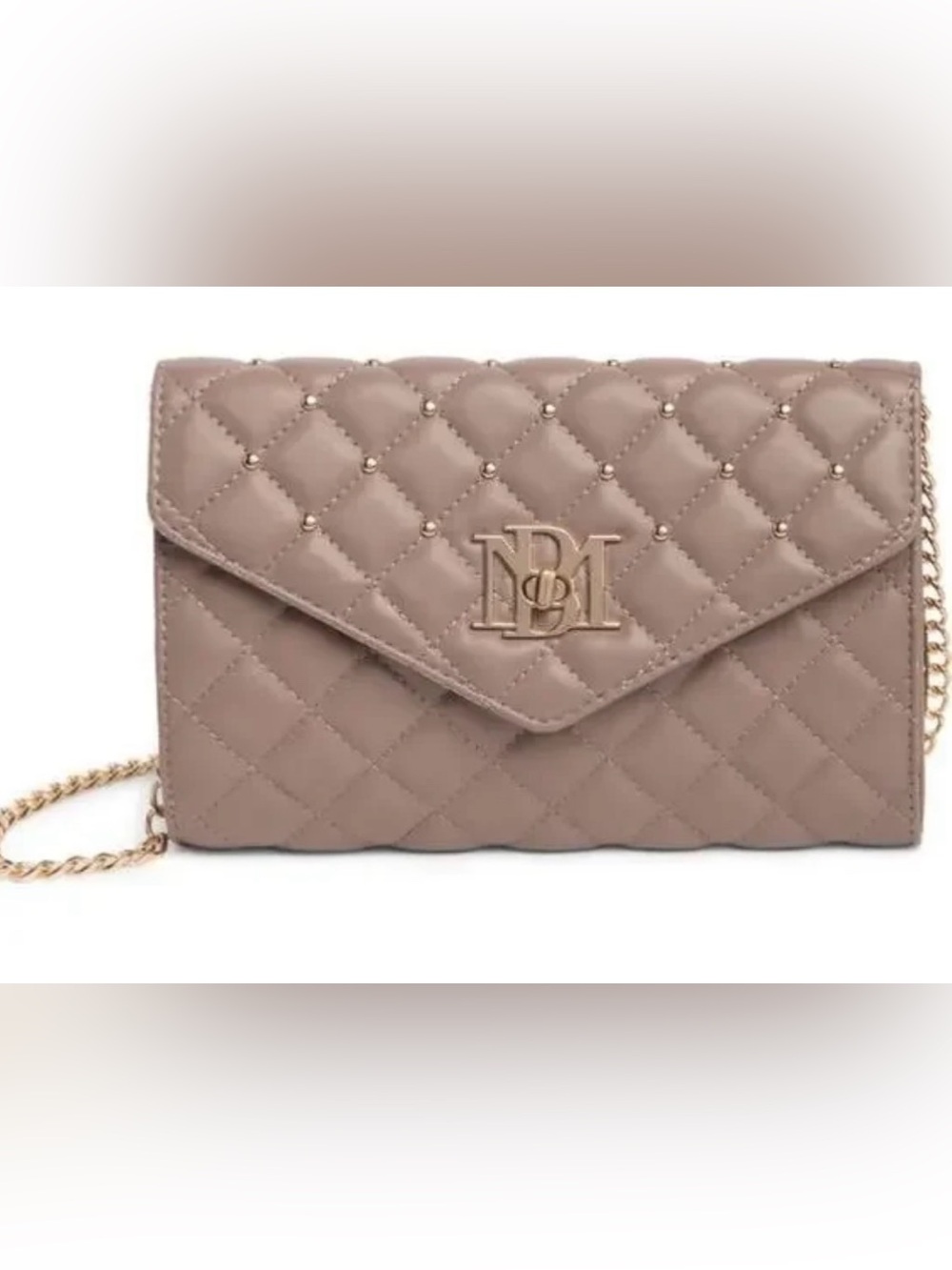 Badgley Mischka Quilted Taupe Envelope Clutch with Gold Logo